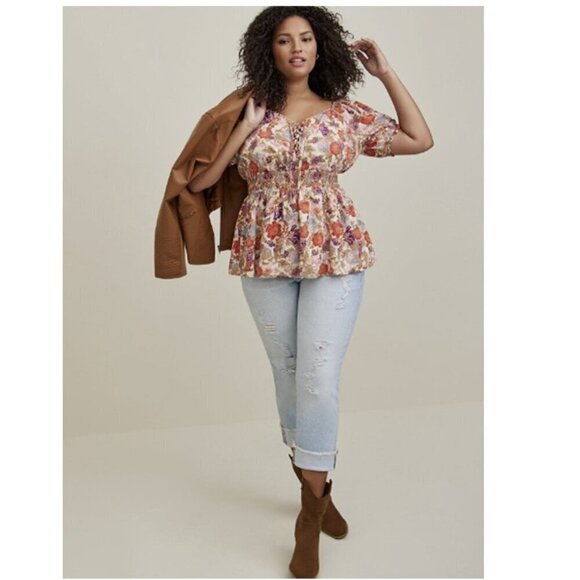 Torrid Georgette Eyelet Smocked Waist Puff Sleeve Floral Boho Top - Picture 1 of 10